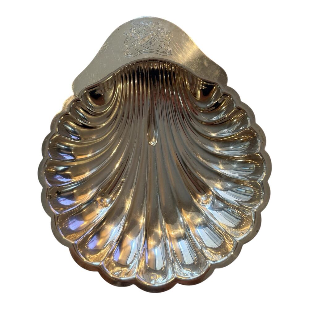 Chelsea Mfg Silver on Copper Shell Dish Crest Engraved Scallop Bowl 8.25" x 7"
